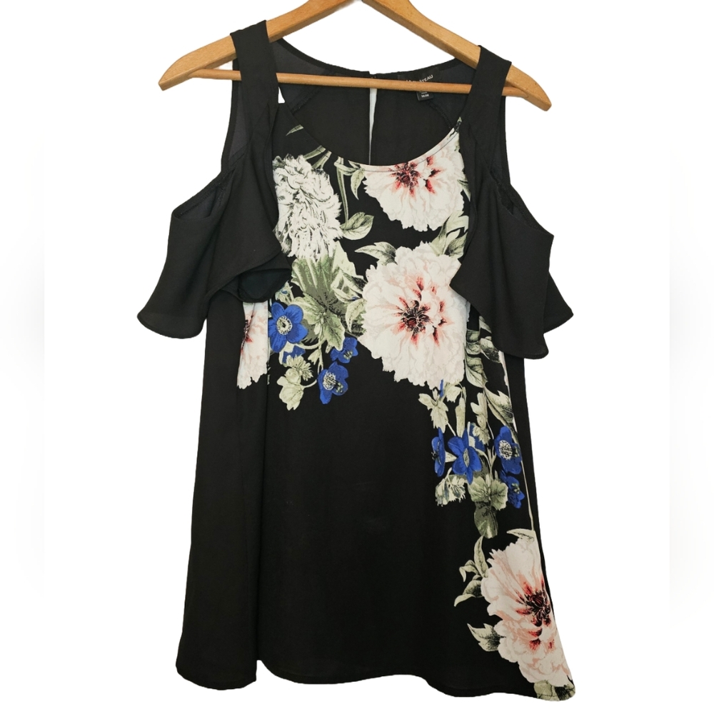 [LE CHATEAU] Black Floral Cold Shoulder Top With Flutter Sleeves